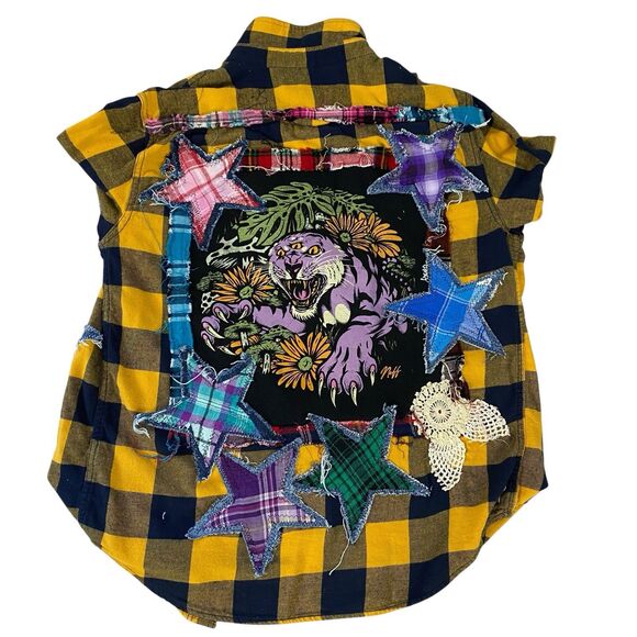 Flannel Shirt Women Large Yellow Tiger Grunge Camp Rock Country Upcycled Crochet - Picture 5 of 16